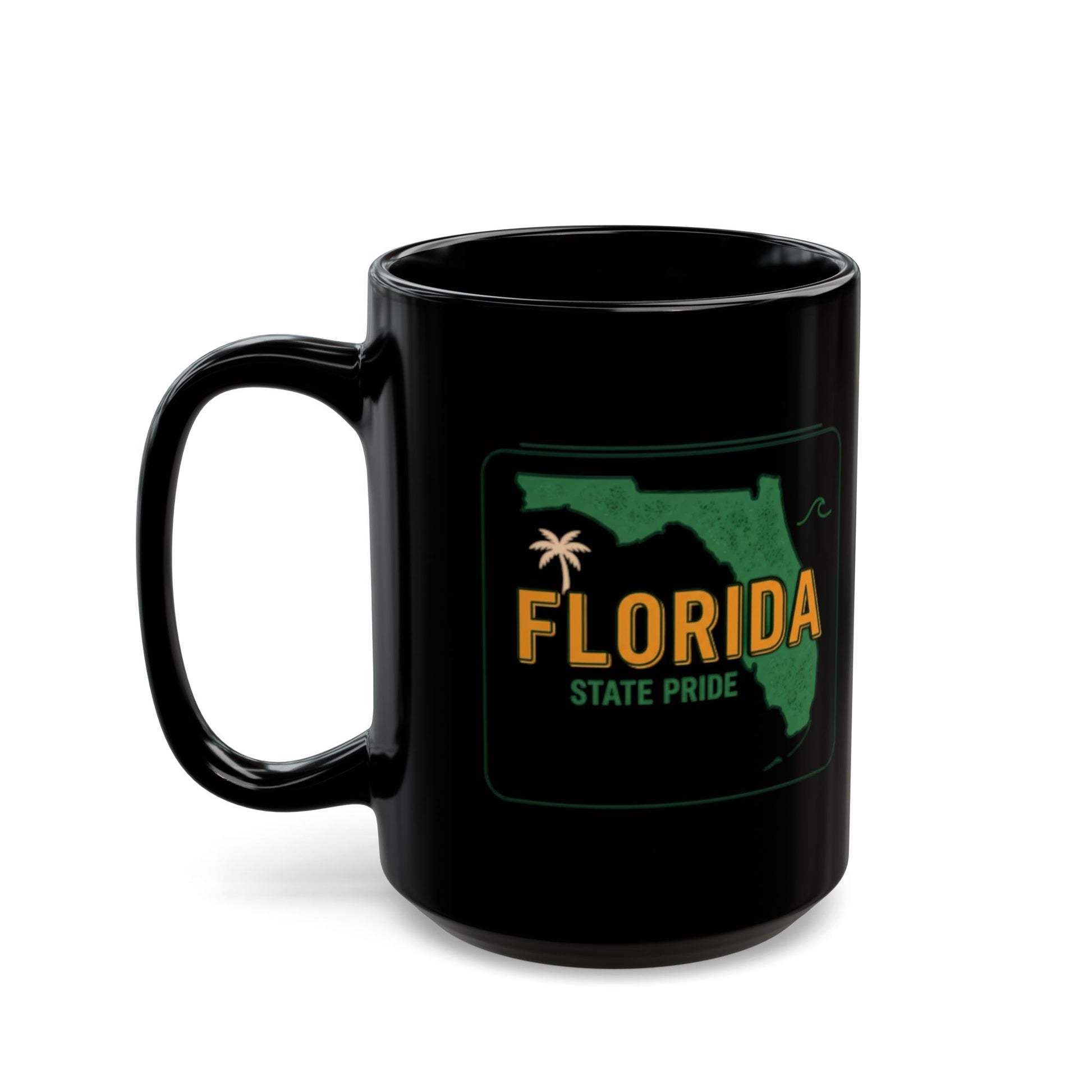 Black mug with a Florida state outline and "Florida State Pride" text.