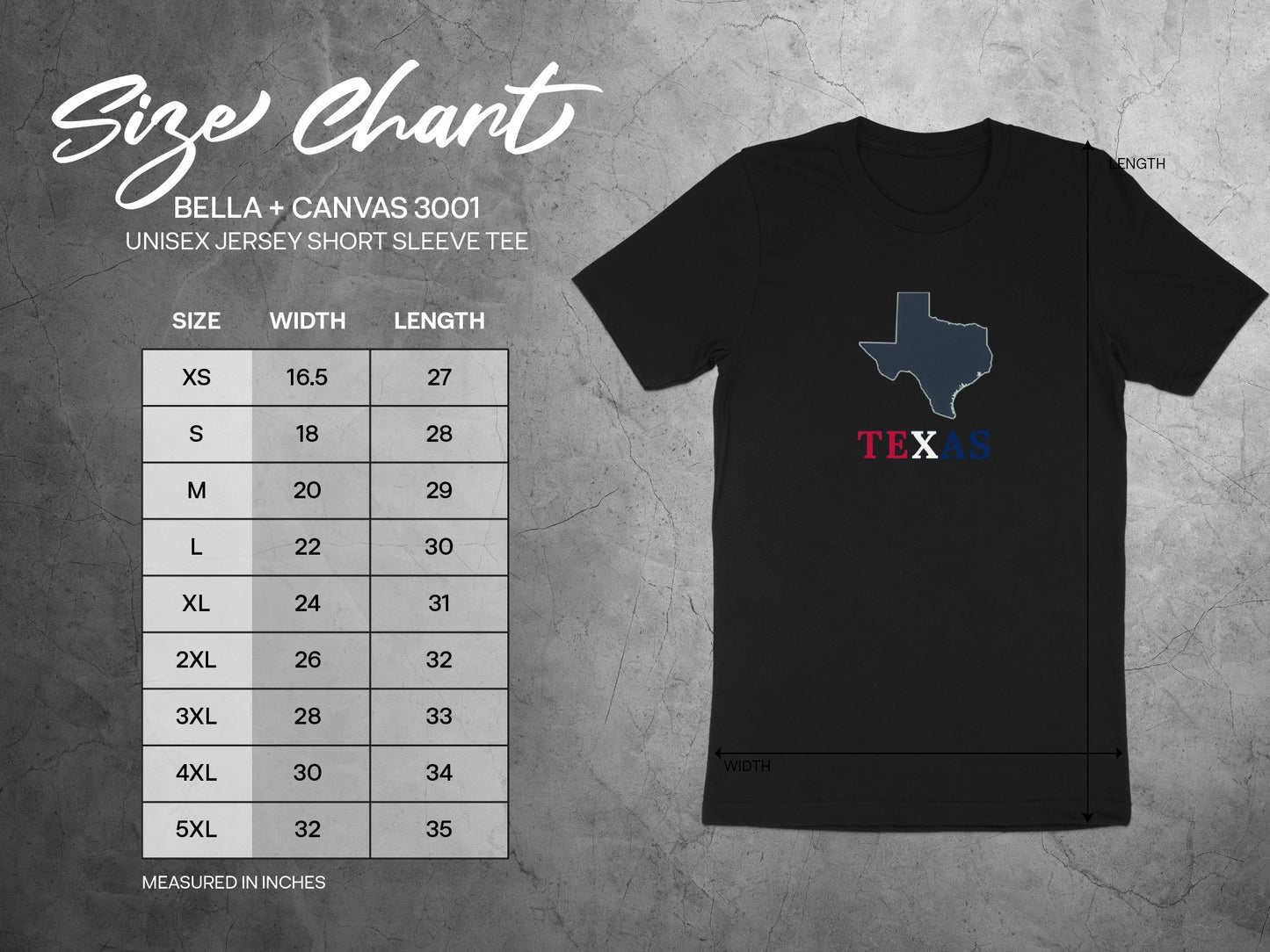 Bella + Canvas unisex t-shirt size chart with Texas outline graphic.