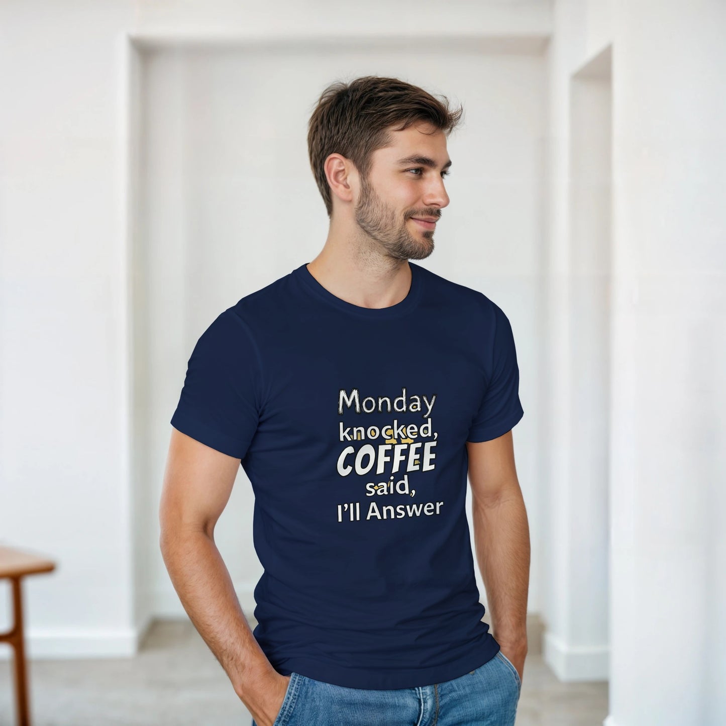 Monday Knocked, Coffee Answered on a Heavyweight Caffeine Lover T on a Shirt