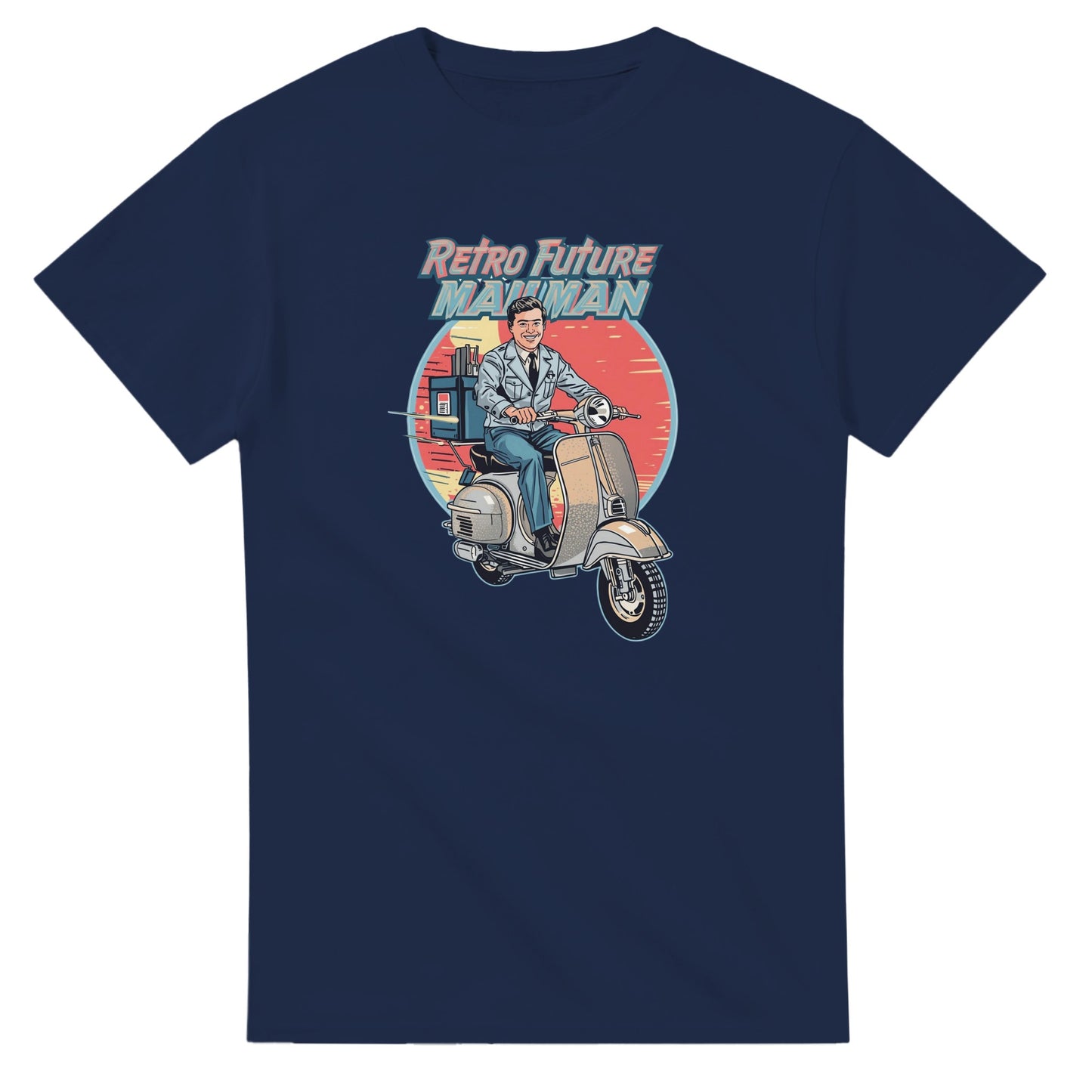 Man wearing a t-shirt with a retro design of a man on a scooter.