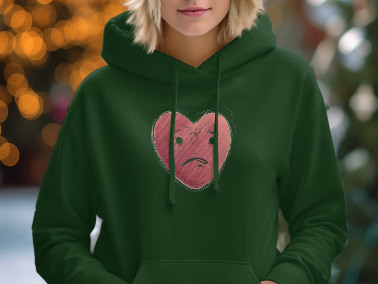 Green Hoodie with Sad Heart Graphic Design