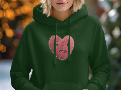 Green Hoodie with Sad Heart Graphic Design