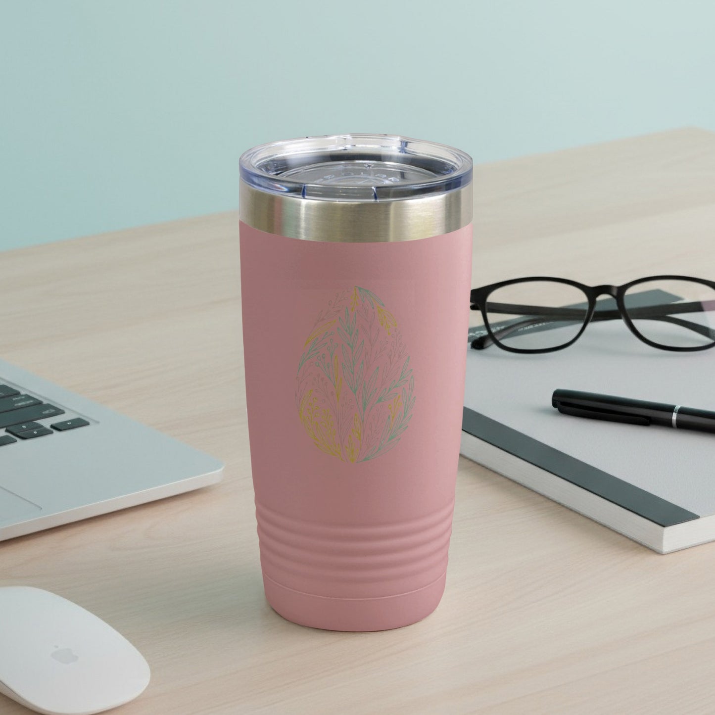 Pink Tumbler with Leaf Design on Desk Tumbler