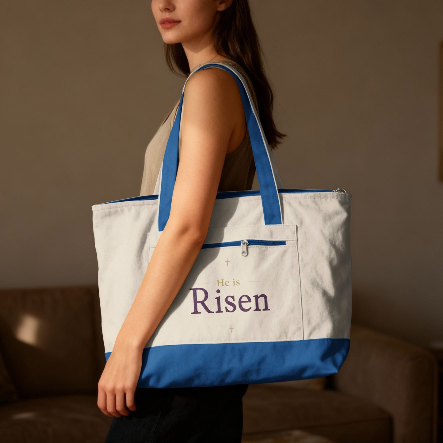 He is Risen Christian Scripture Blue Tote Bag product type