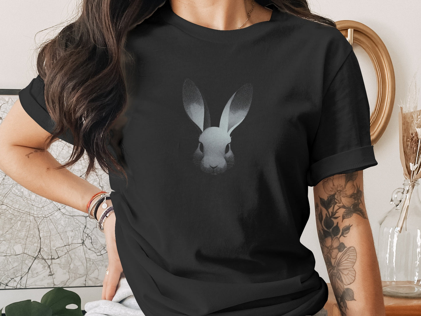 Minimalist rabbit graphic black t-shirt product type