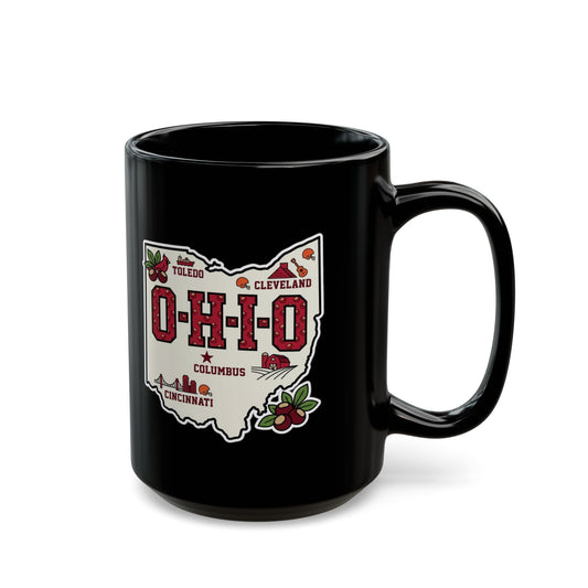 Black mug with "OH-IO" logo featuring Ohio cities and landmarks.