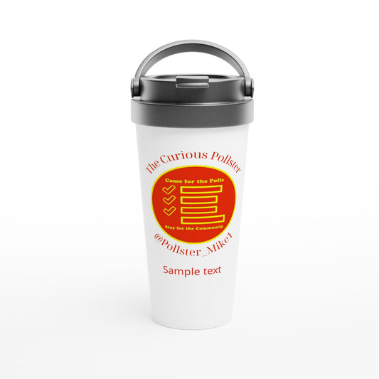 Curious Pollster logo on an 15oz stainless steel travel mug