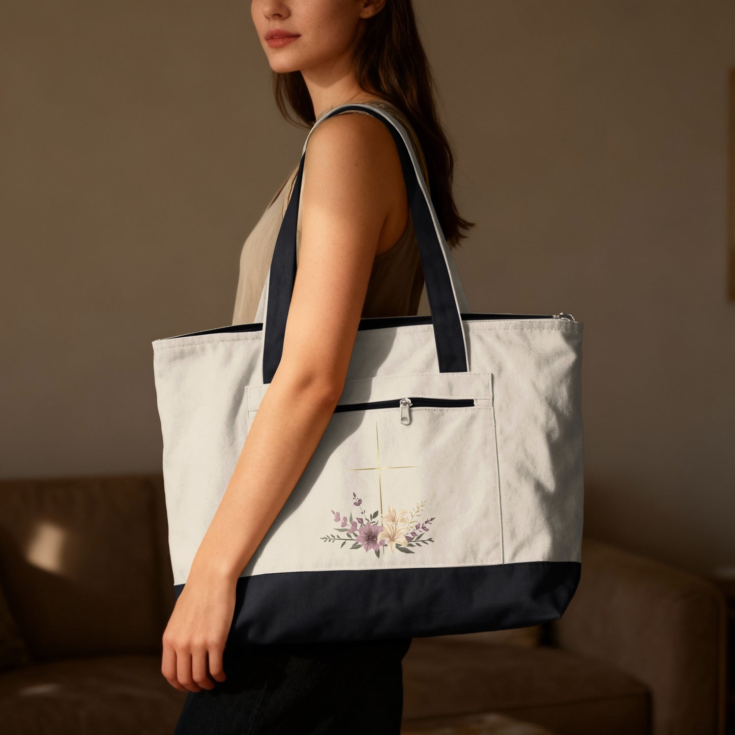 Off-white Navy Gold Cross Floral Design Tote Bag product type