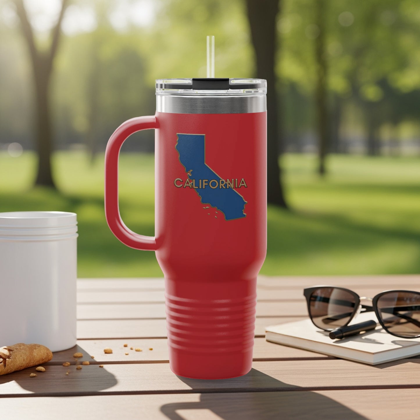 Travel tumbler with California map and cities illustration.