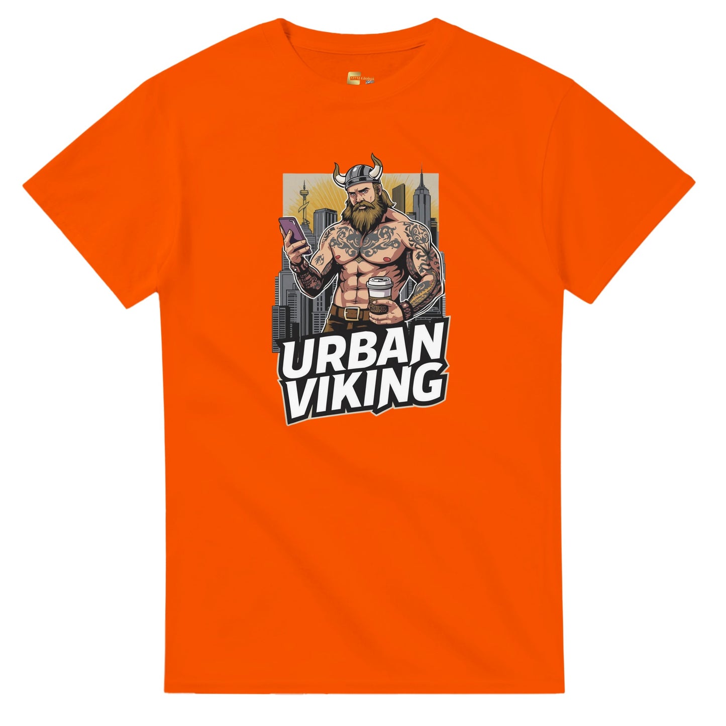 Person wearing a gray t-shirt with 'Urban Viking' graphic design in an indoor setting