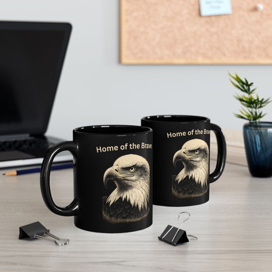 Two black mugs featuring a detailed eagle graphic and "Home of the Brave" text.