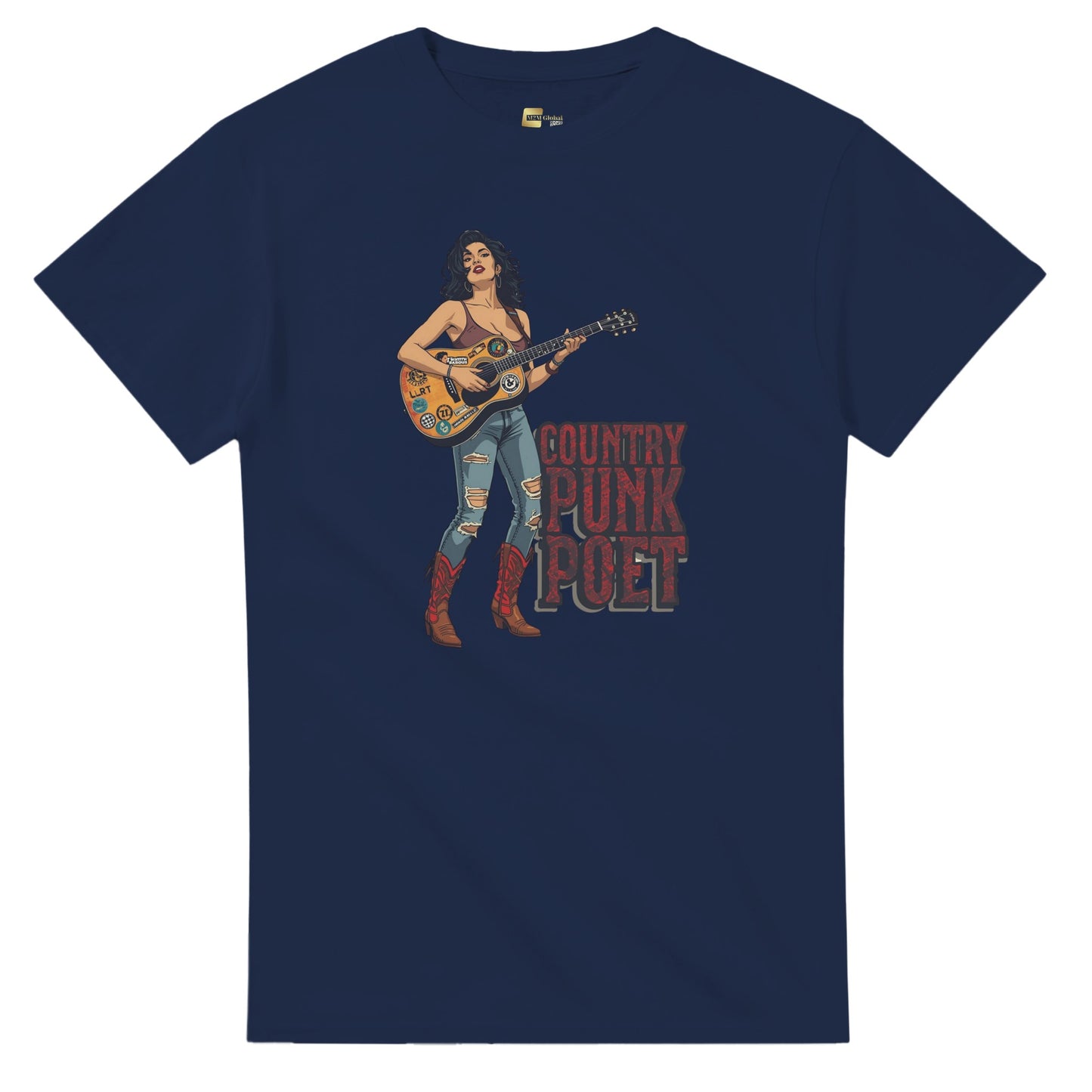 Woman wearing a red t-shirt with a graphic design, holding shopping bags in a mall.