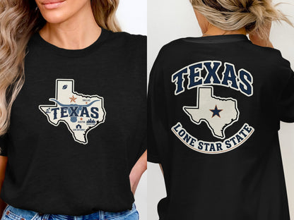 Black t-shirts featuring a Texas Lone Star State outline with city names.