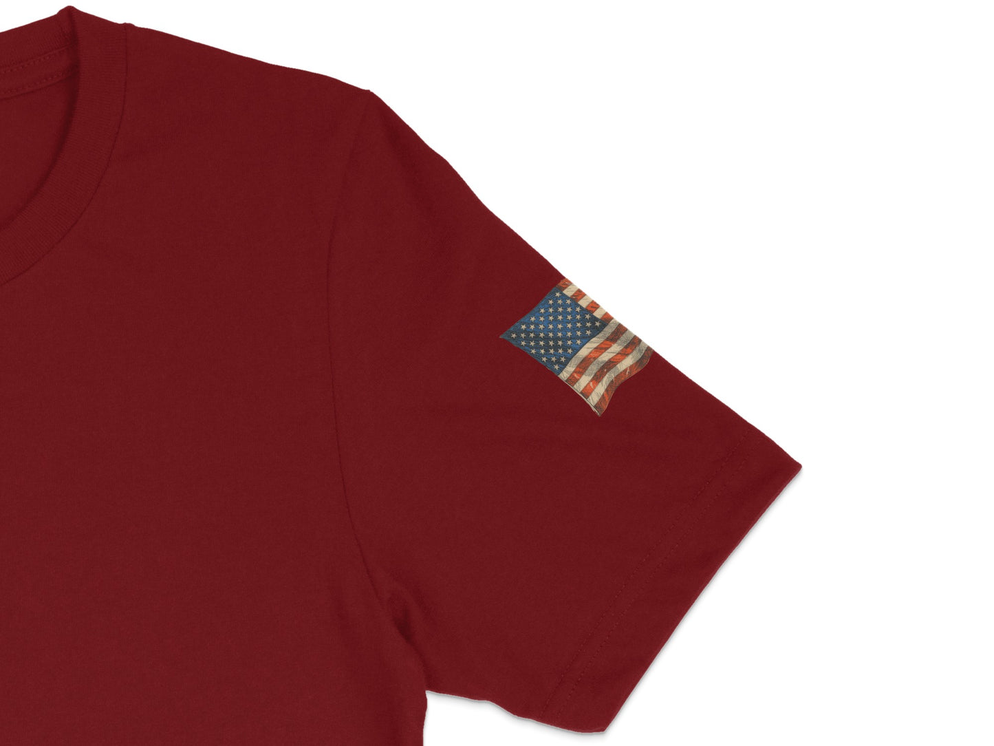 Maroon t-shirt with small distressed American flag patch on sleeve.