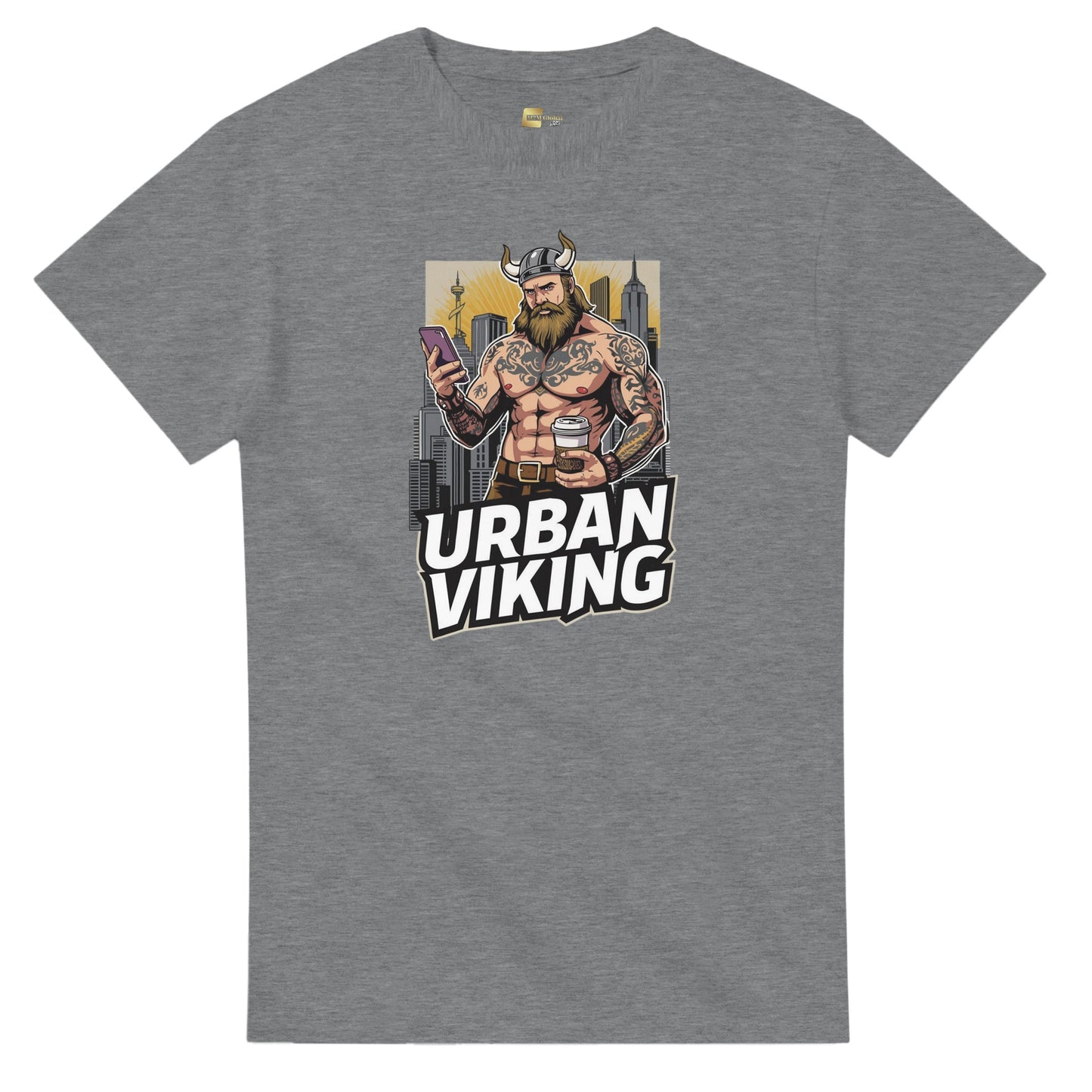 Person wearing a gray t-shirt with 'Urban Viking' graphic design in an indoor setting