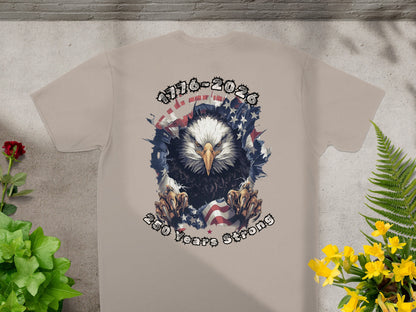 Eagle wearing American flag bandana, "1776-2026 250 Years Strong" text.