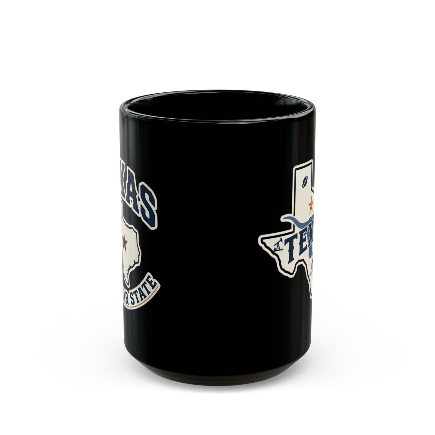 Black mug with Texas Lone Star State graphic and lettering.