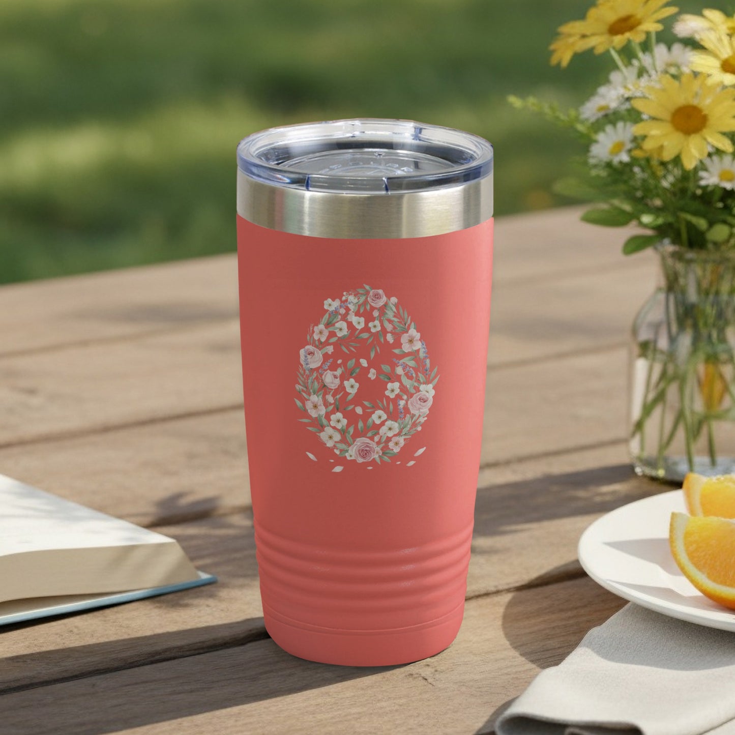 Floral Design Pink Travel Mug with Insulated Stainless Steel