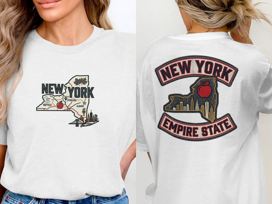 White t-shirt featuring a New York State map on front and "New York Empire State" on back.