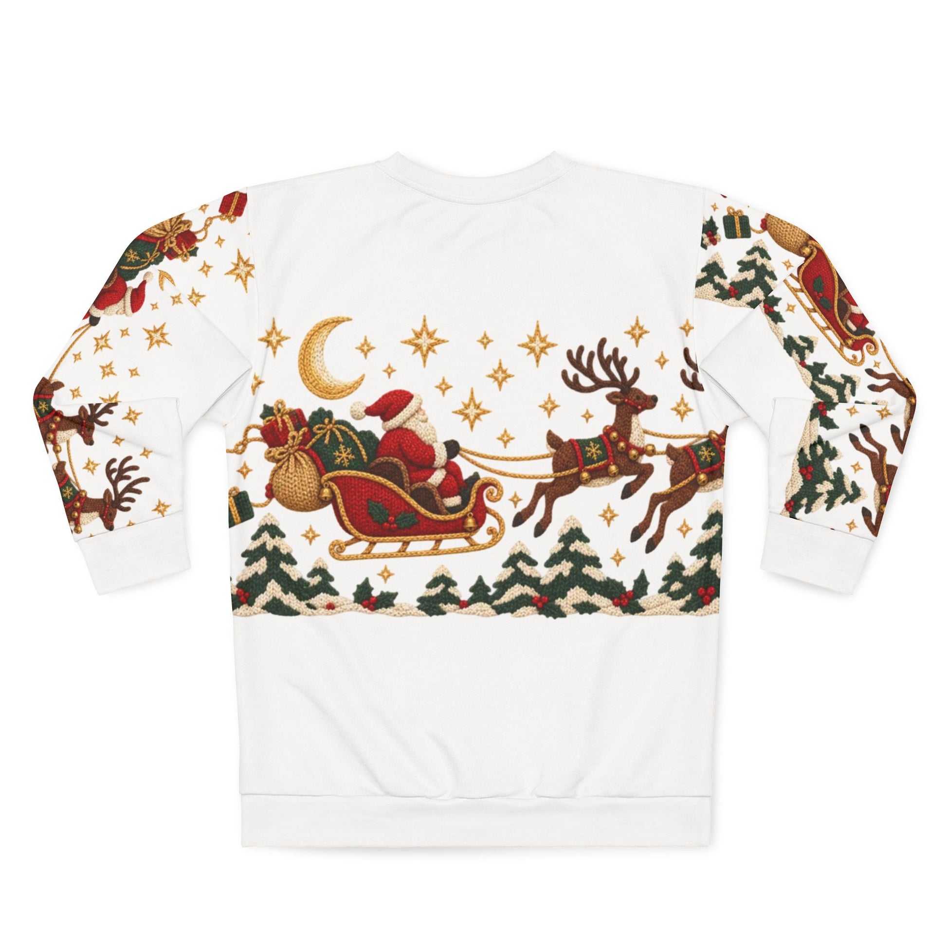 White sweatshirt with a Christmas scene featuring Santa in a sleigh pulled by reindeer.