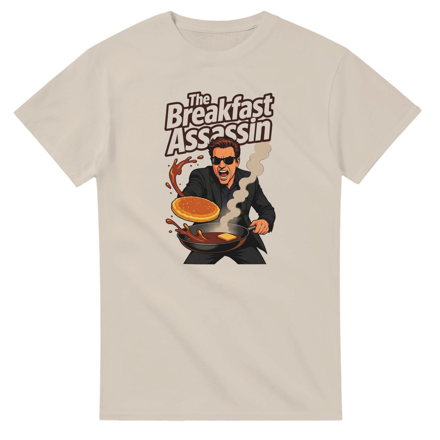 The Breakfast Assassin graphic design on a Heavyweight T-shirt