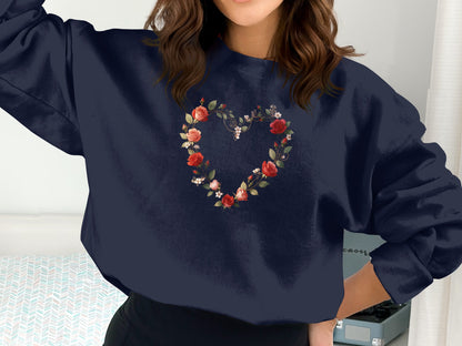 Floral Heart Design on Navy Blue Sweatshirt