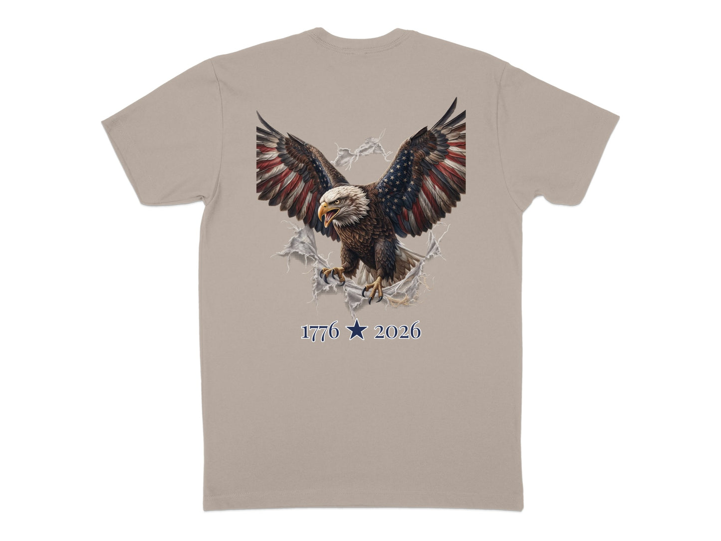 Tan t-shirt with bald eagle with American flag wings and "1776 Star 2026" text.