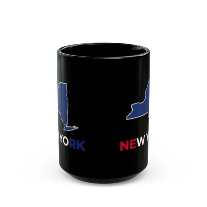 Black mug with "New York" text and state outline in blue.
