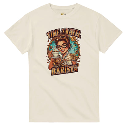 Time-Travel Barista graphic design on a Heavyweight T-shirt