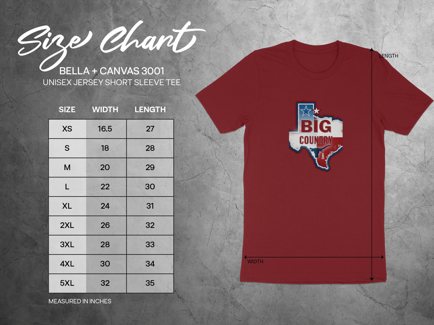 Size chart for Bella + Canvas 3001 unisex t-shirt showing measurements.
