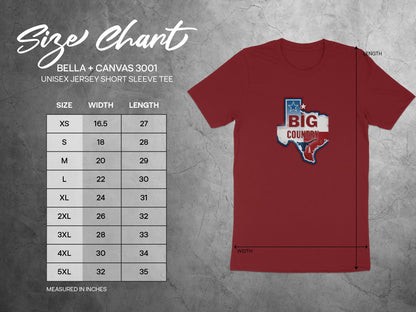 Size chart for Bella + Canvas 3001 unisex t-shirt showing measurements.