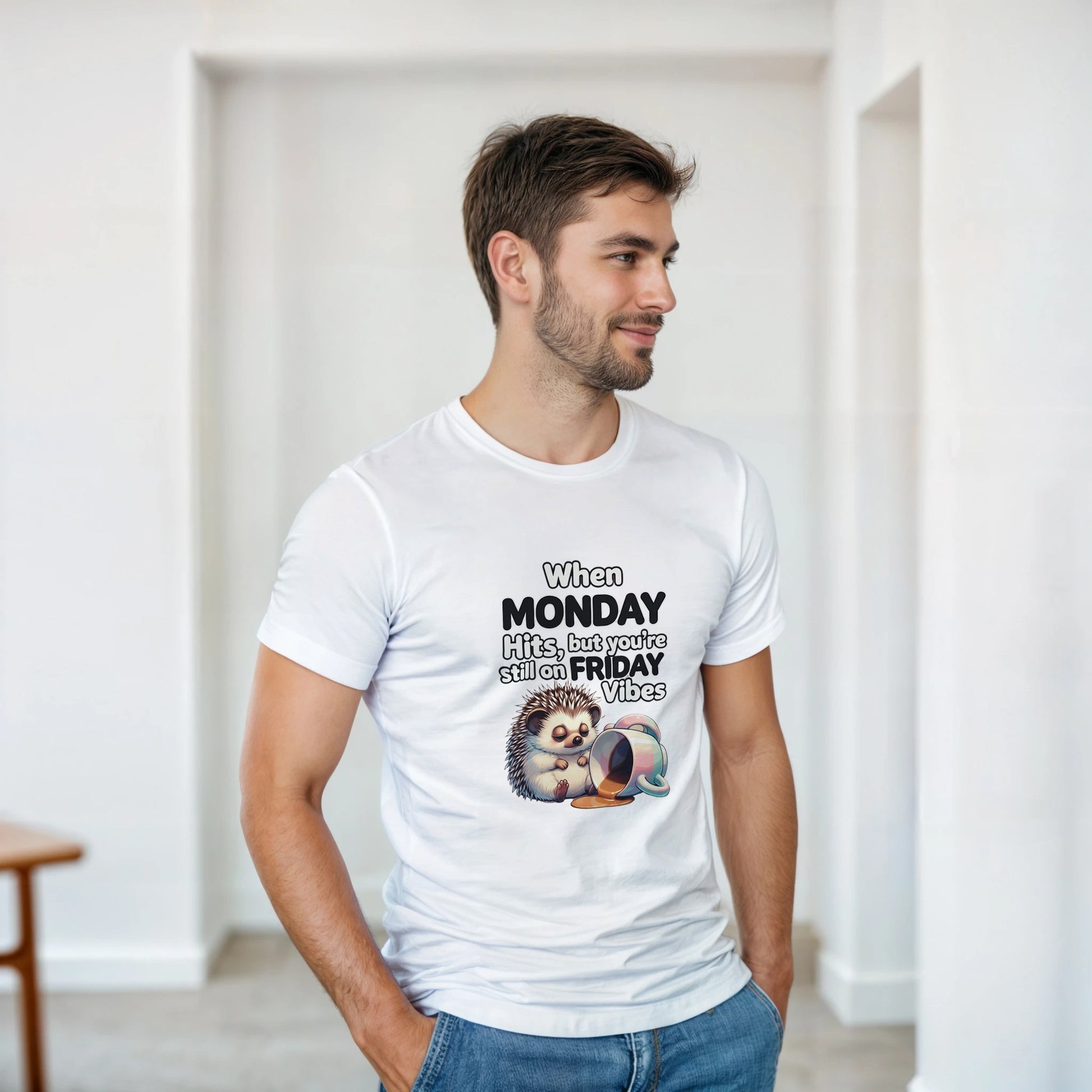 When MONDAY Hits, But You're Still On FRIDAY Vibes Hedgehog on a Heavyweight T on a shirt