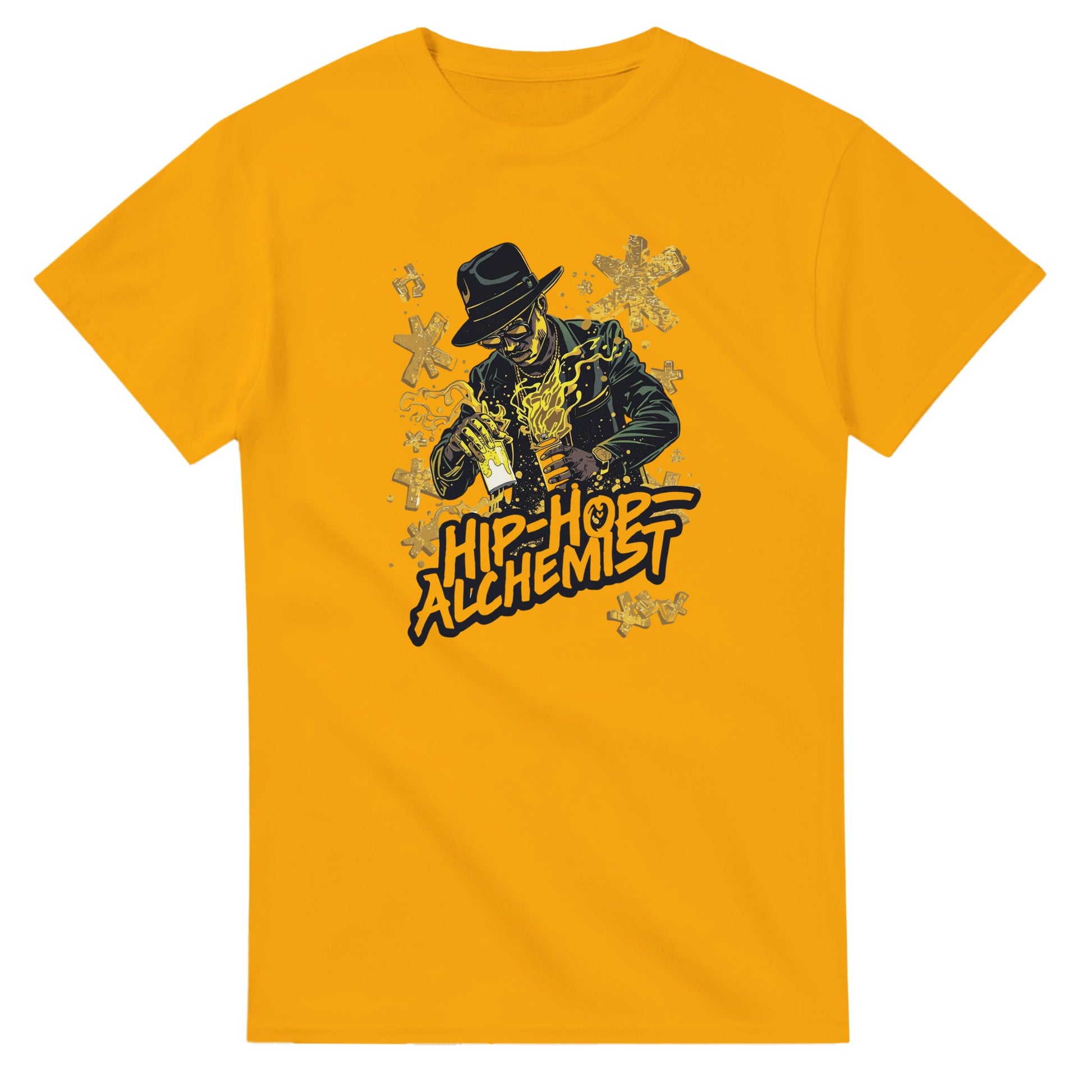 Man wearing a red t-shirt with a graphic design, holding shopping bags in a blurred indoor setting