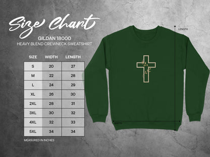 Gildan 18000 sweatshirt size chart with width and length measurements.