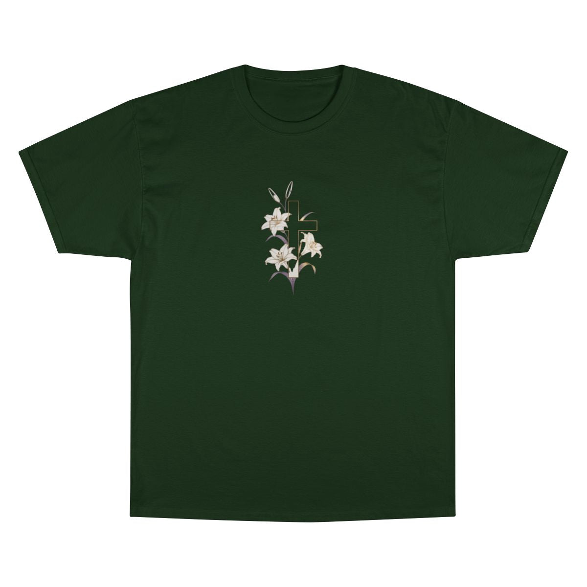 Dark Green Cross Lily Flowers Christian T-Shirt