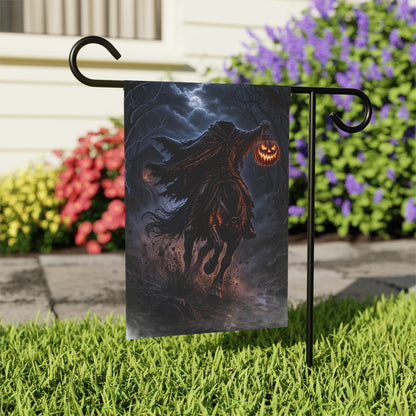 Headless Horseman with a pumpkin lantern rides through a stormy, moonlit forest.