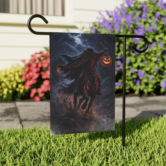Headless Horseman with a pumpkin lantern rides through a stormy, moonlit forest.
