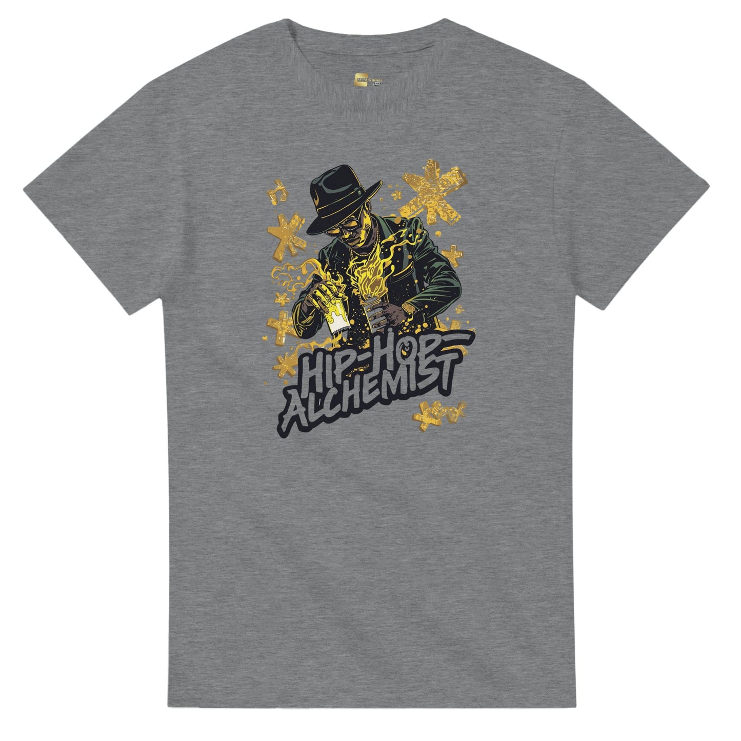 Man wearing a red t-shirt with a graphic design, holding shopping bags in a blurred indoor setting