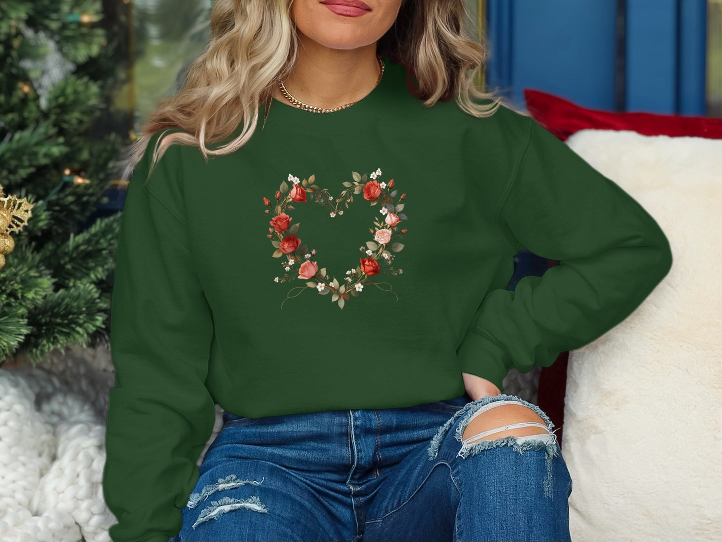 Festive Floral Heart Design Green Pullover Sweatshirt