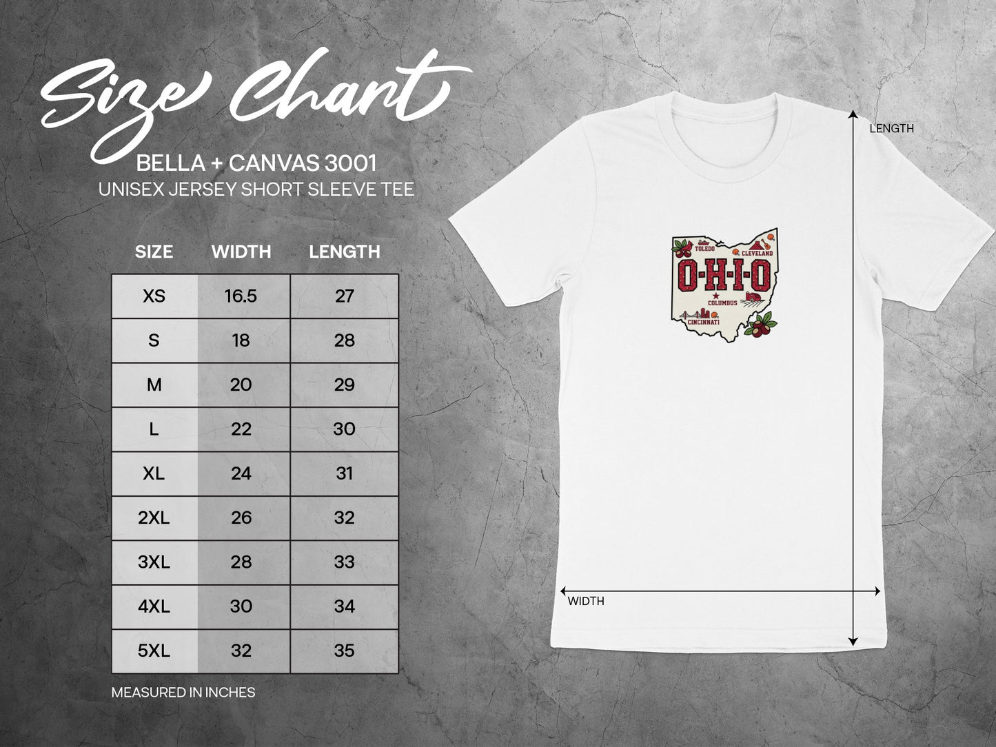 Bella + Canvas 3001 unisex t-shirt size chart with chest width and length measurements.