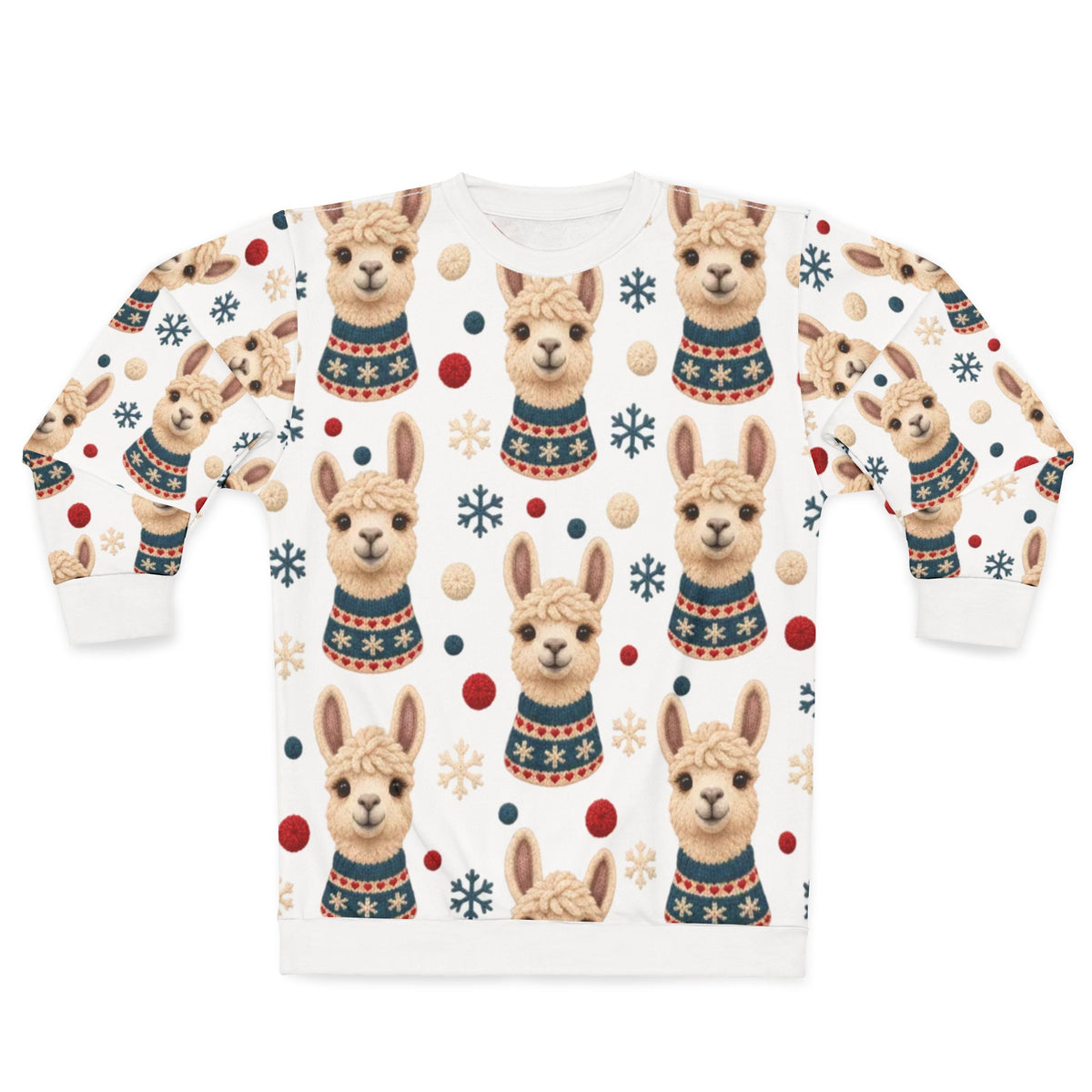 Alpaca pattern sweatshirt with snowflakes and polka dots.