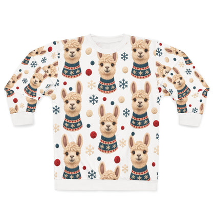 Alpaca pattern sweatshirt with snowflakes and polka dots.