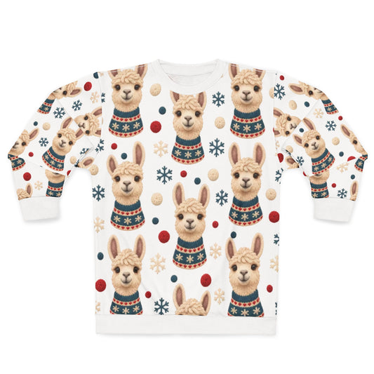 Alpaca pattern sweatshirt with snowflakes and polka dots.