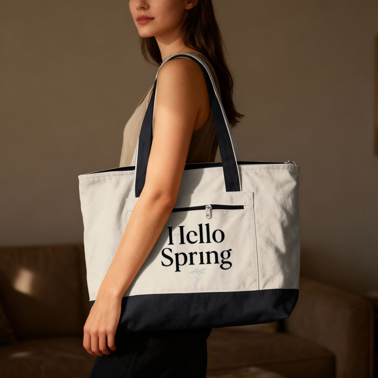 Cream Navy Hello Spring Zippered Pocket Carry Tote Bag product type