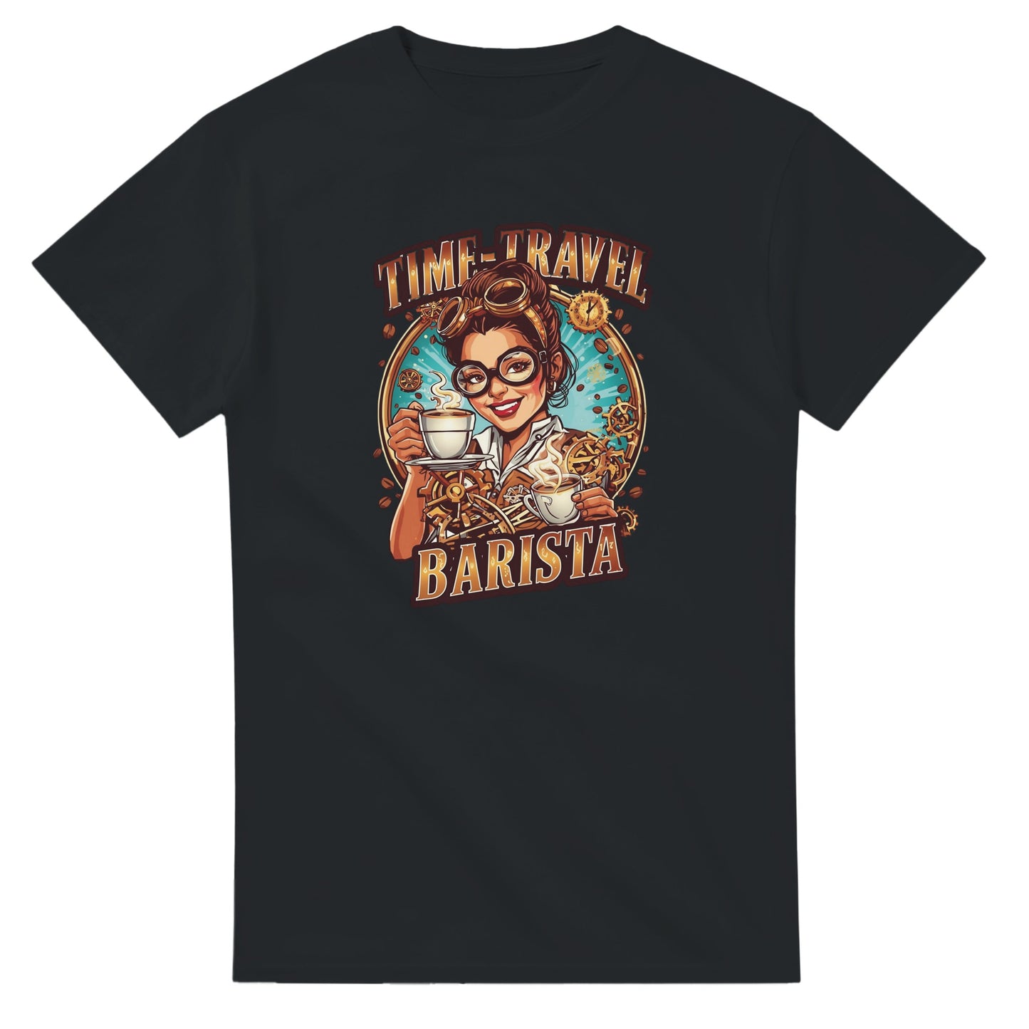 Time-Travel Barista graphic design on a Heavyweight T-shirt