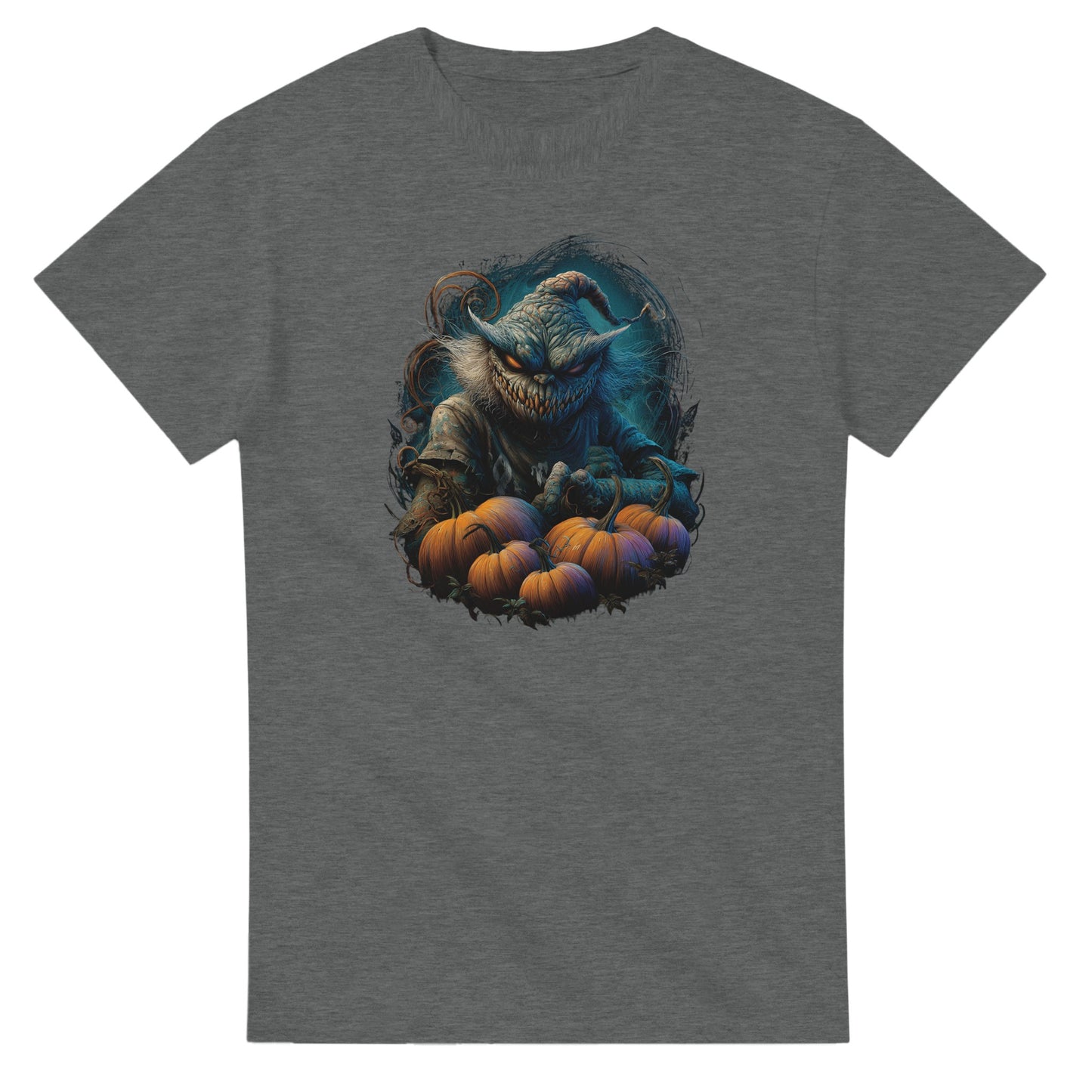 Spooky Scarecrow & Pumpkins on a Heavyweight T-shirt