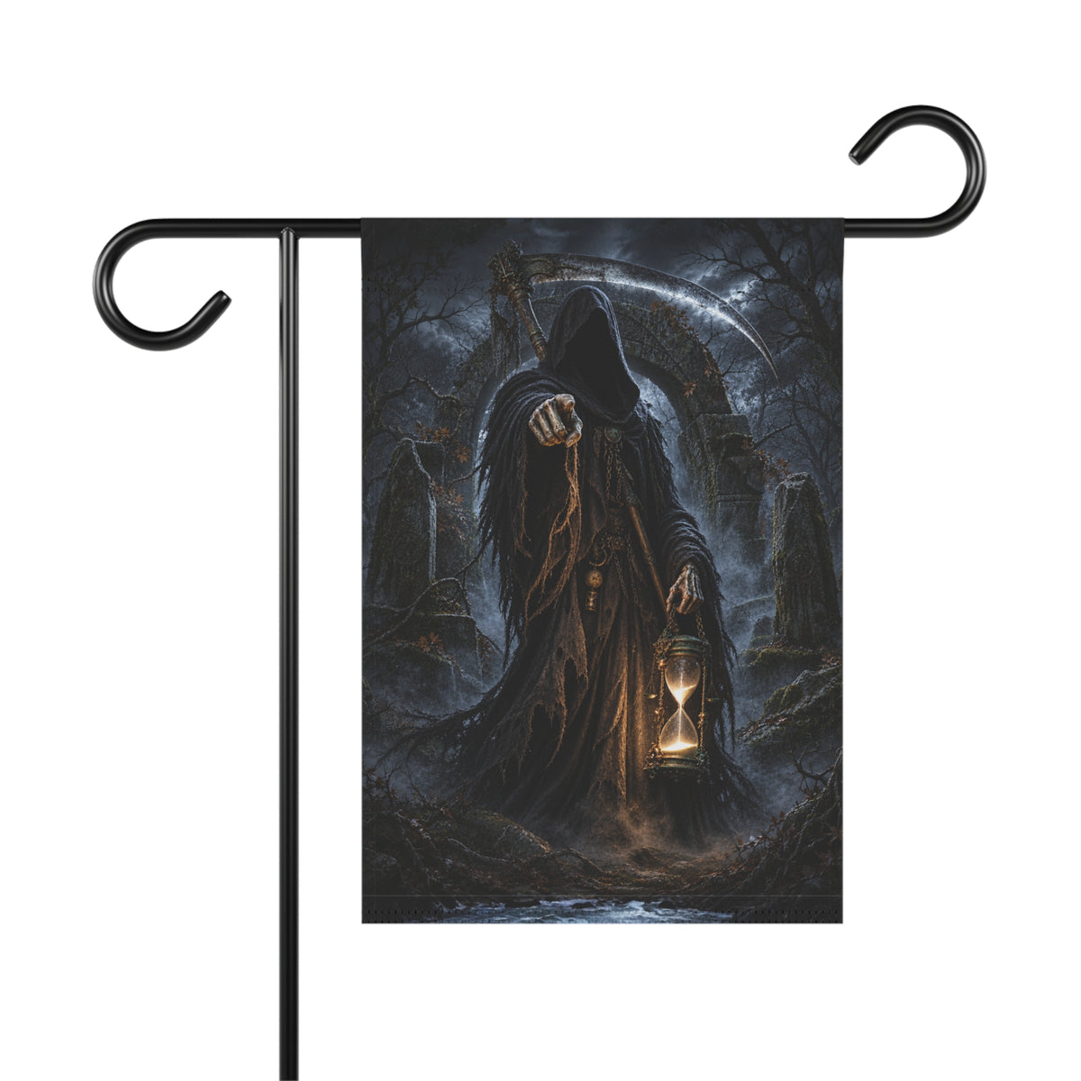 A garden flag on a black stand featuring a hooded grim reaper holding an illuminated hourglass.