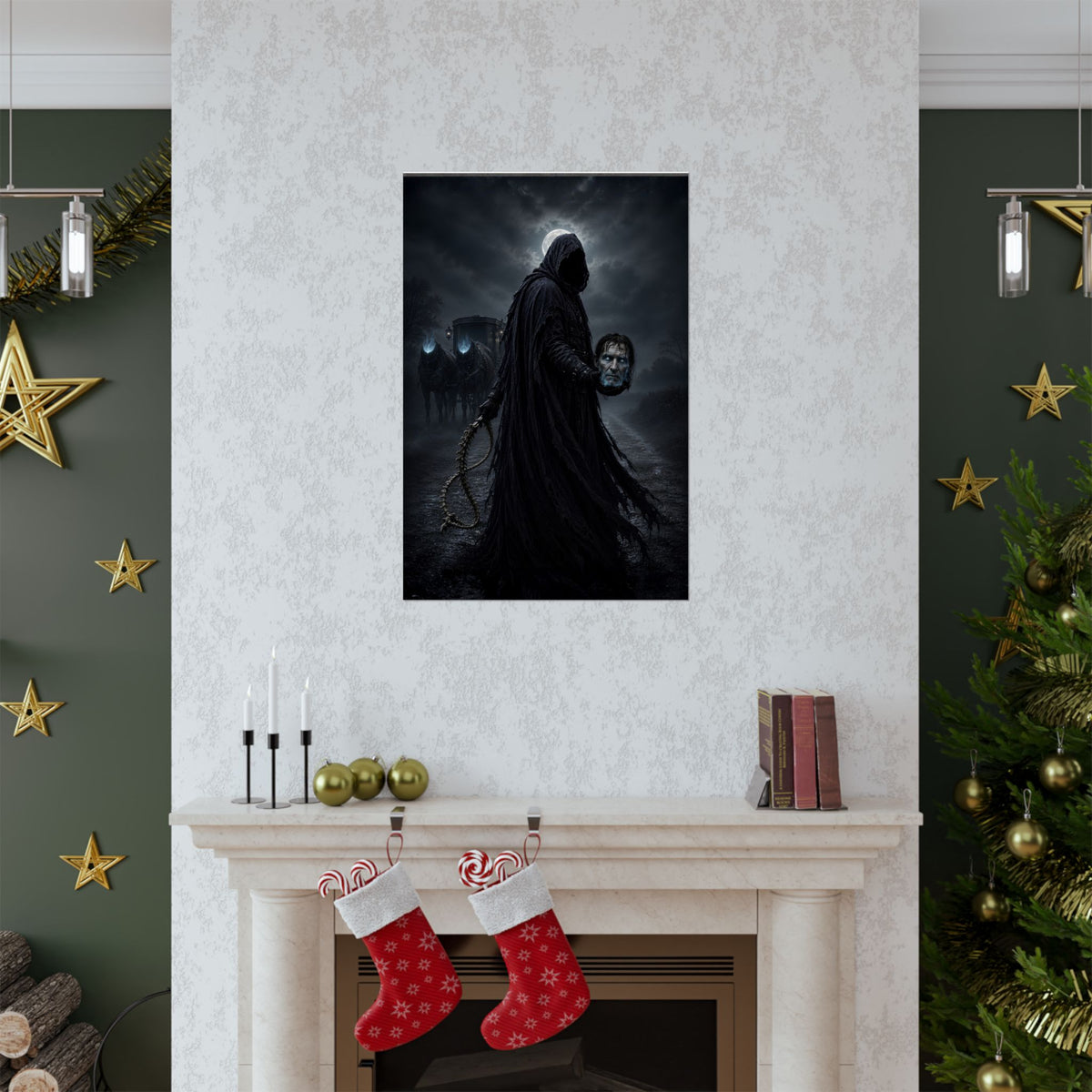 Dark hooded figure holding severed head in front of carriage and two horses.
