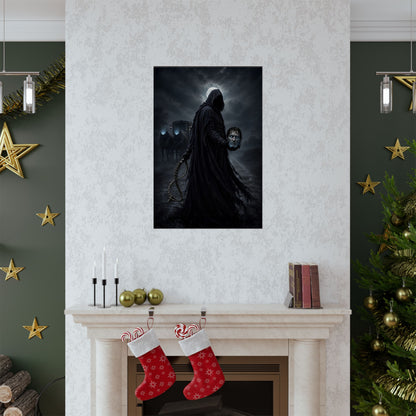 Dark hooded figure holding severed head in front of carriage and two horses.