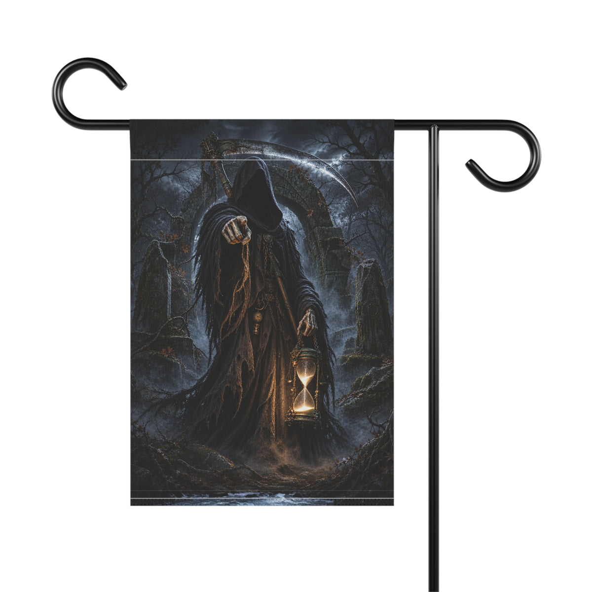 Grim Reaper with hourglass and scythe in a dark, misty graveyard.